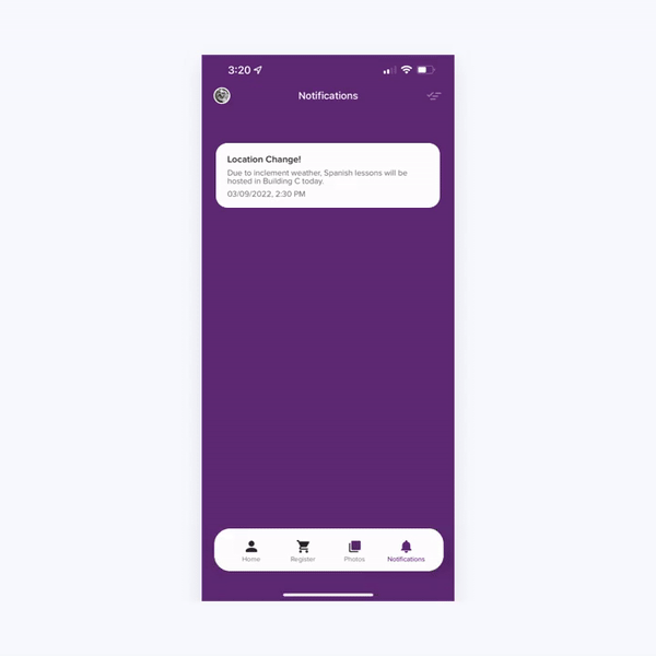 app screen displaying notifications from camp and class via the captivate app