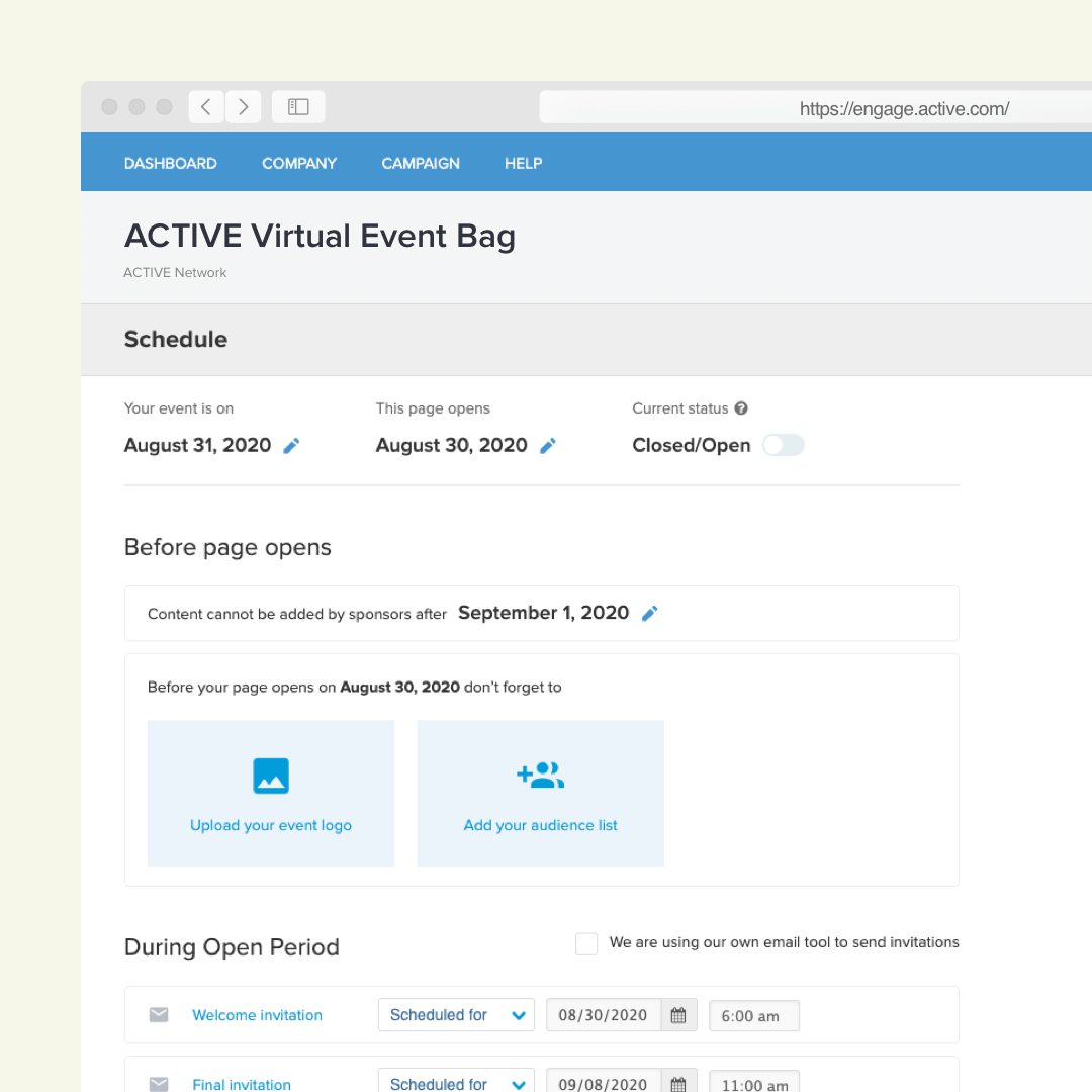 scheduling a communication to share your virtual event bag