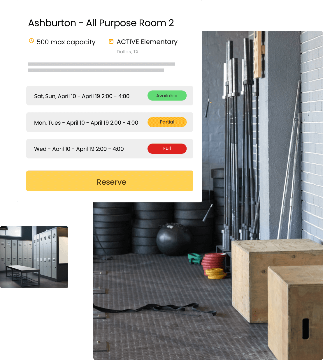 reservation checkout for reserving an all purpose room, lockers or equipment